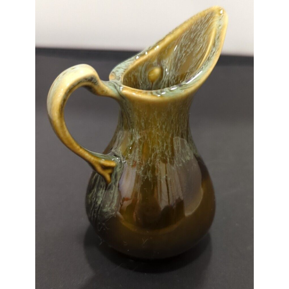 Vintage 4 1/2” Green/Brown Drip Glaze Mini Ewer Pitcher Marked 94 Pottery
